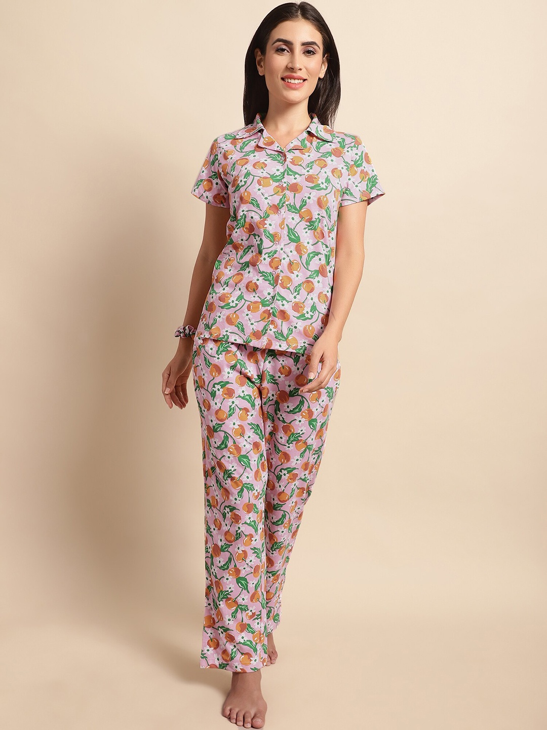 

Dressitude Floral Printed Lapel Collar Short Sleeves Pure Cotton Night suit, Pink