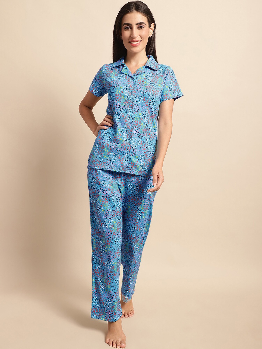 

Dressitude Printed Lapel Collar Pure Cotton Night suit, Blue