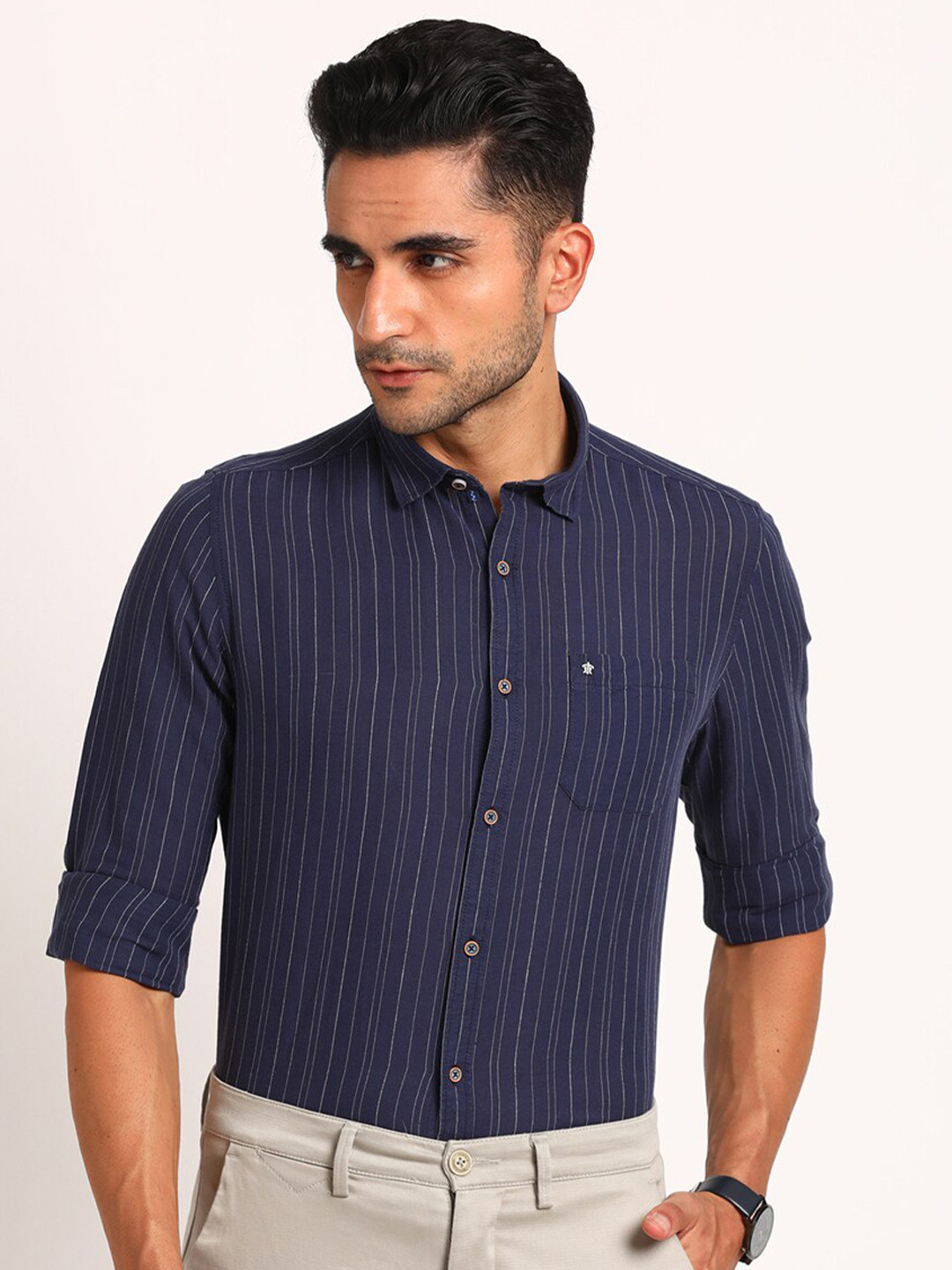 

Turtle Relaxed Slim Fit Striped Cotton Linen Shirt, Navy blue