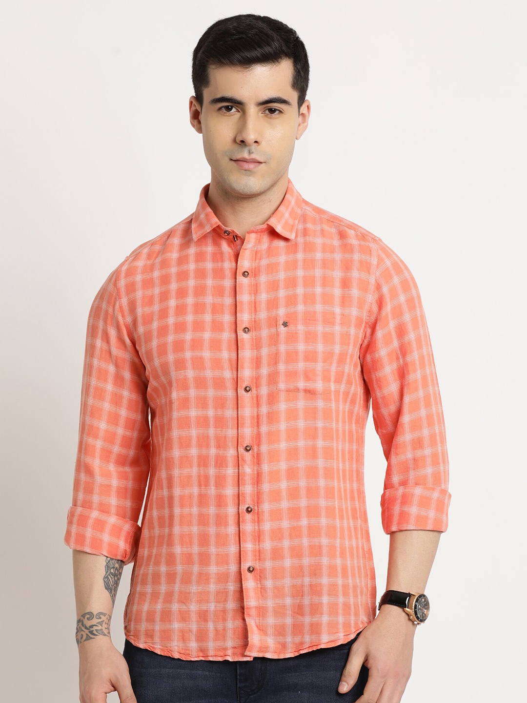 

Turtle Relaxed Slim Fit Checked Cotton Linen Shirt, Pink