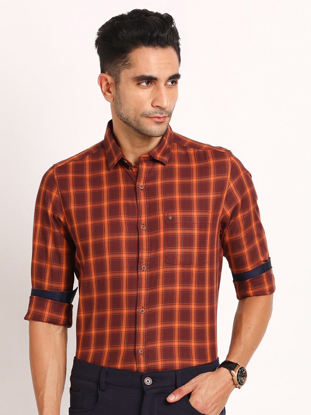 

Turtle Relaxed Checked Slim Fit Pure Cotton Shirt, Maroon