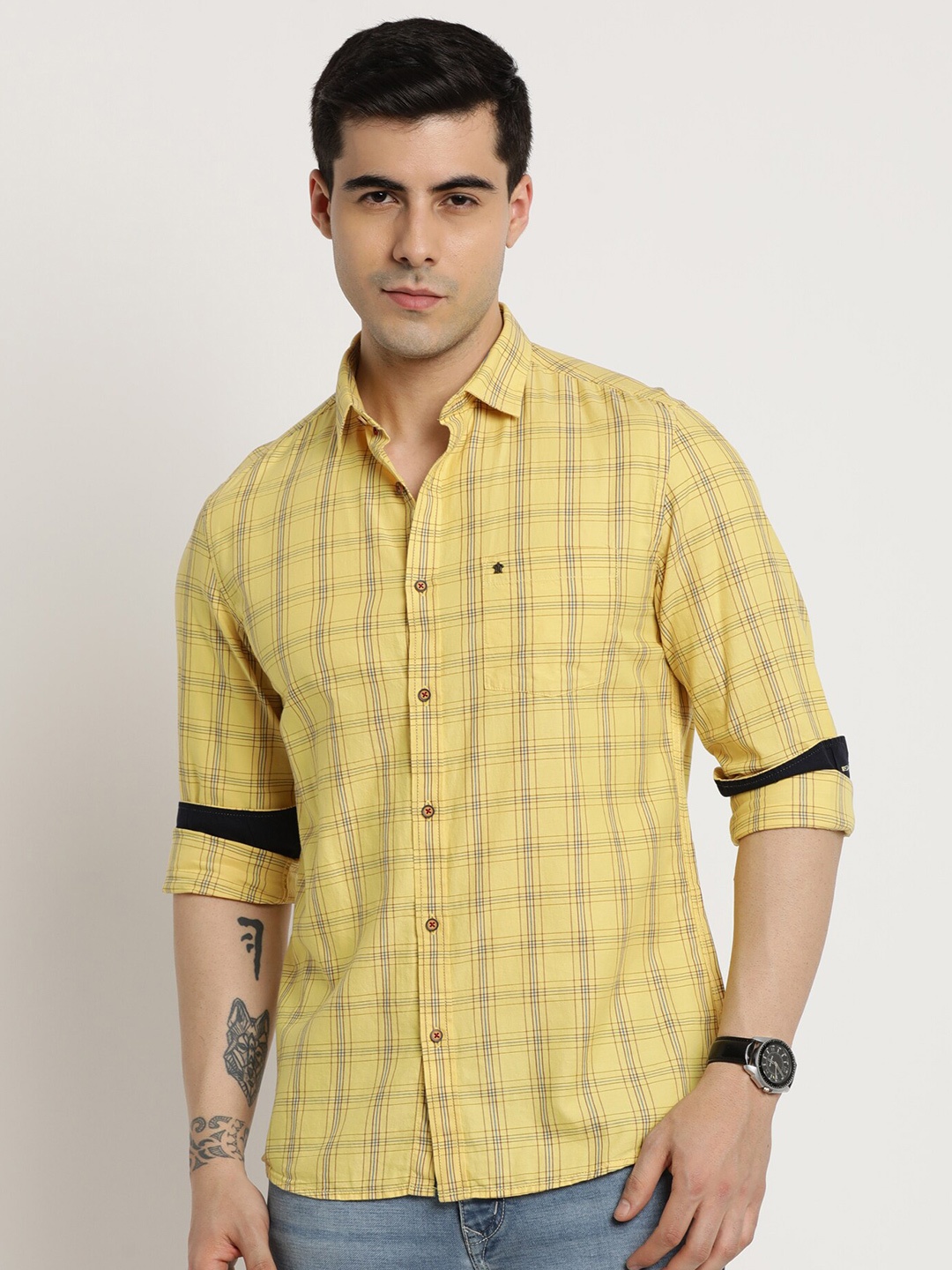 

Turtle Relaxed Slim Fit Checked Pure Cotton Shirt, Yellow