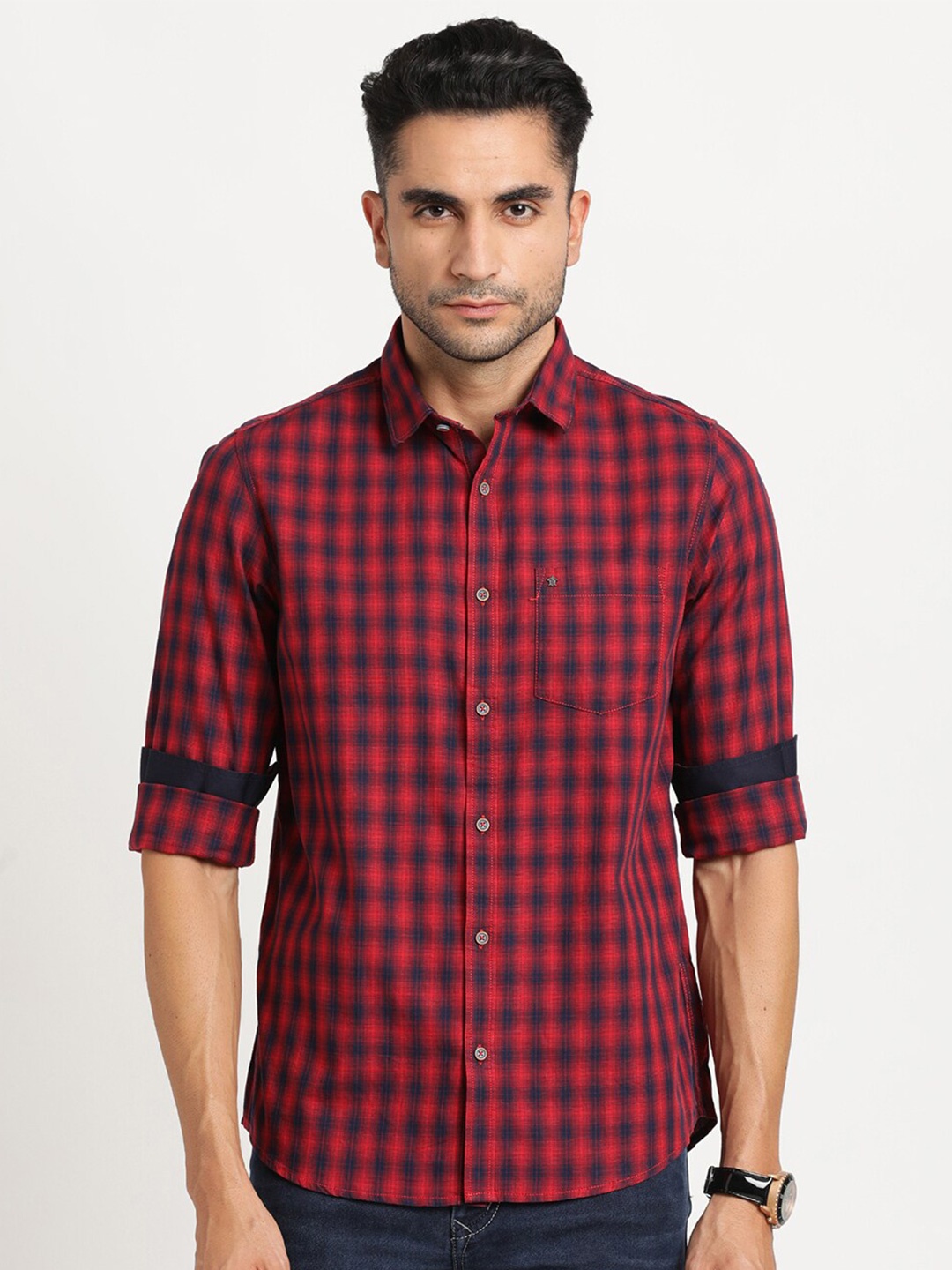 

Turtle Relaxed Slim Fit Checked Pure Cotton Casual Shirt, Red