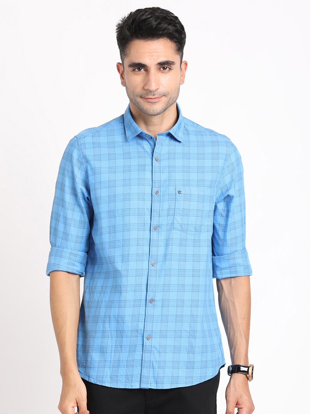 

Turtle Relaxed Slim Fit Checked Pure Cotton Casual Shirt, Blue