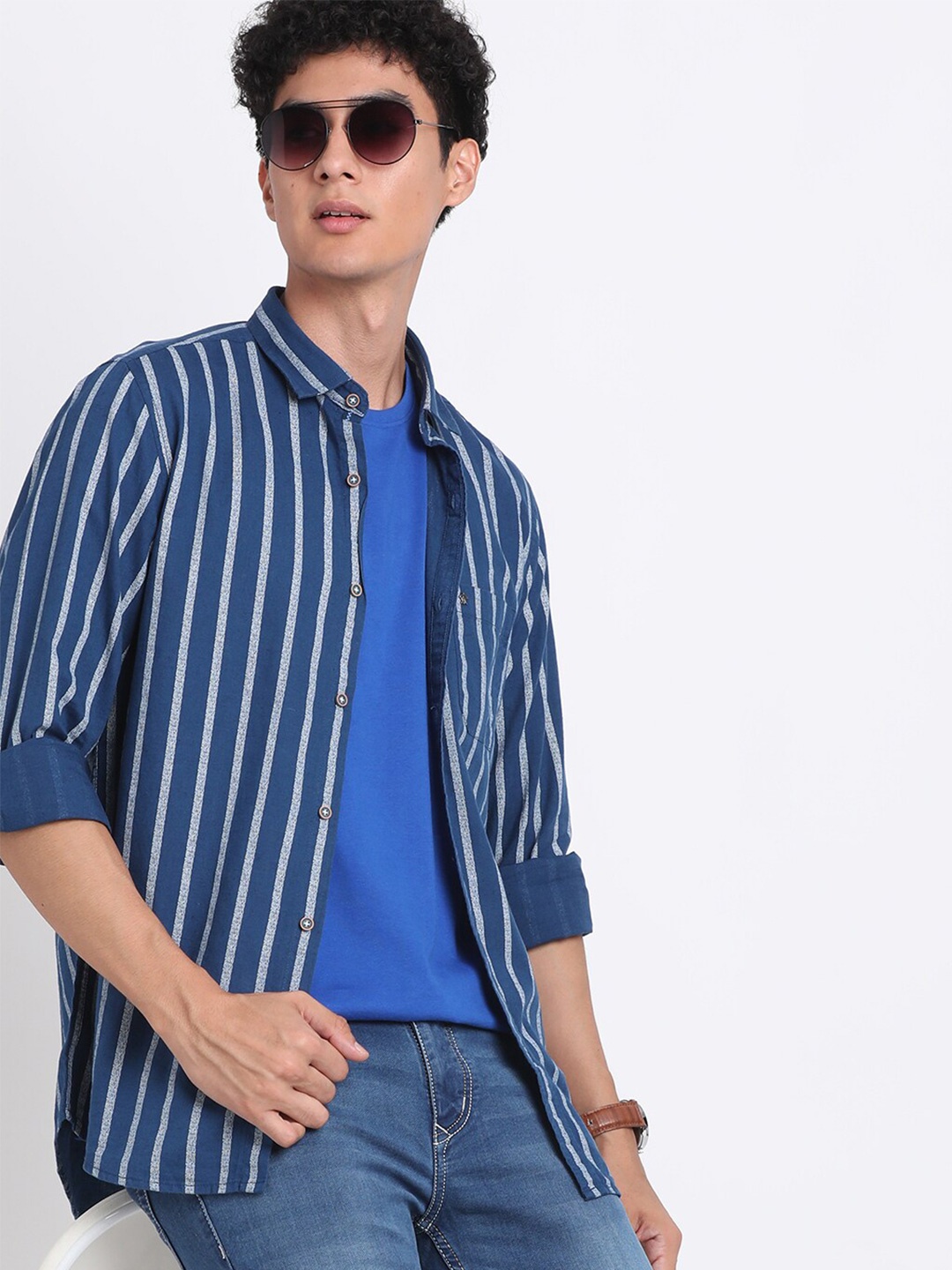 

Turtle Relaxed Slim Fit Opaque Striped Cotton Linen Casual Shirt, Blue
