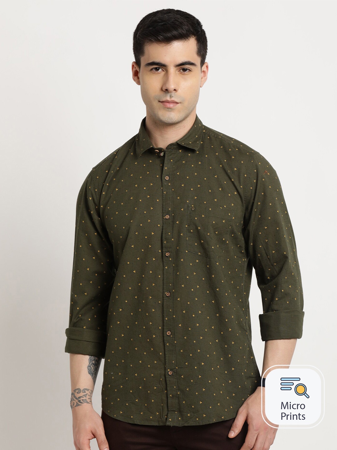 

Turtle Relaxed Slim Fit Geometric Printed Cotton Linen Casual Shirt, Olive