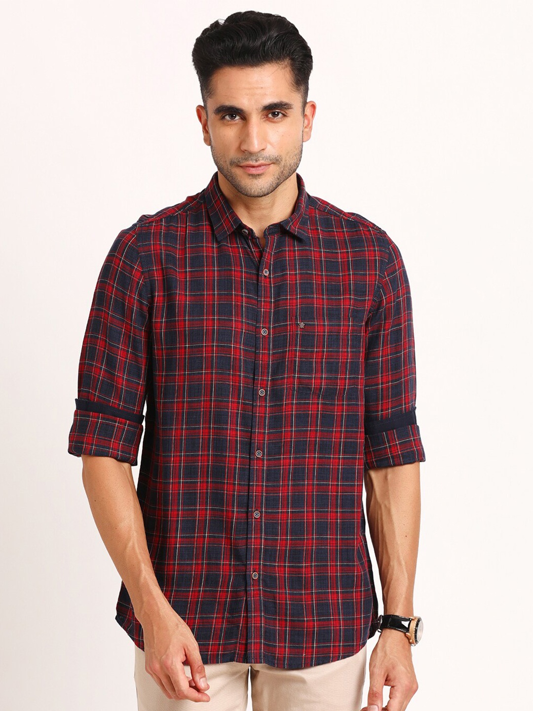 

Turtle Relaxed Slim Fit Tartan Checks Pure Cotton Casual Shirt, Navy blue