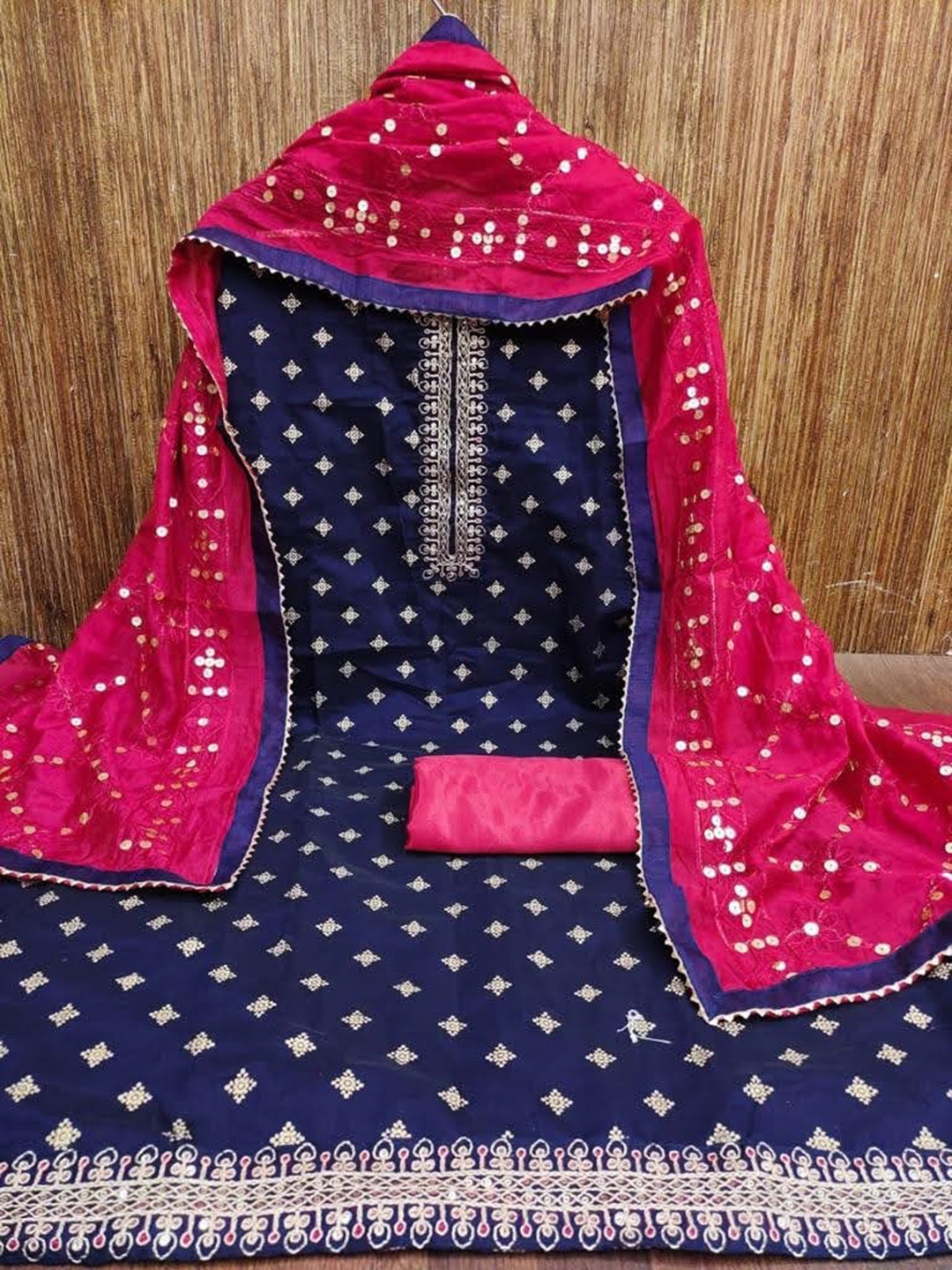 

LeeliPeeri Designer Ethnic Motifs Embroidered Unstitched Dress Material, Navy blue