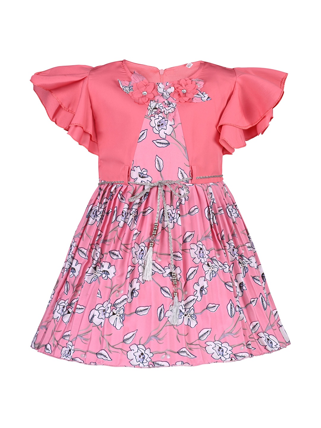 

Wish Karo Girls Floral Printed Round Neck Flutter Sleeves Fit & Flare Dress, Burgundy