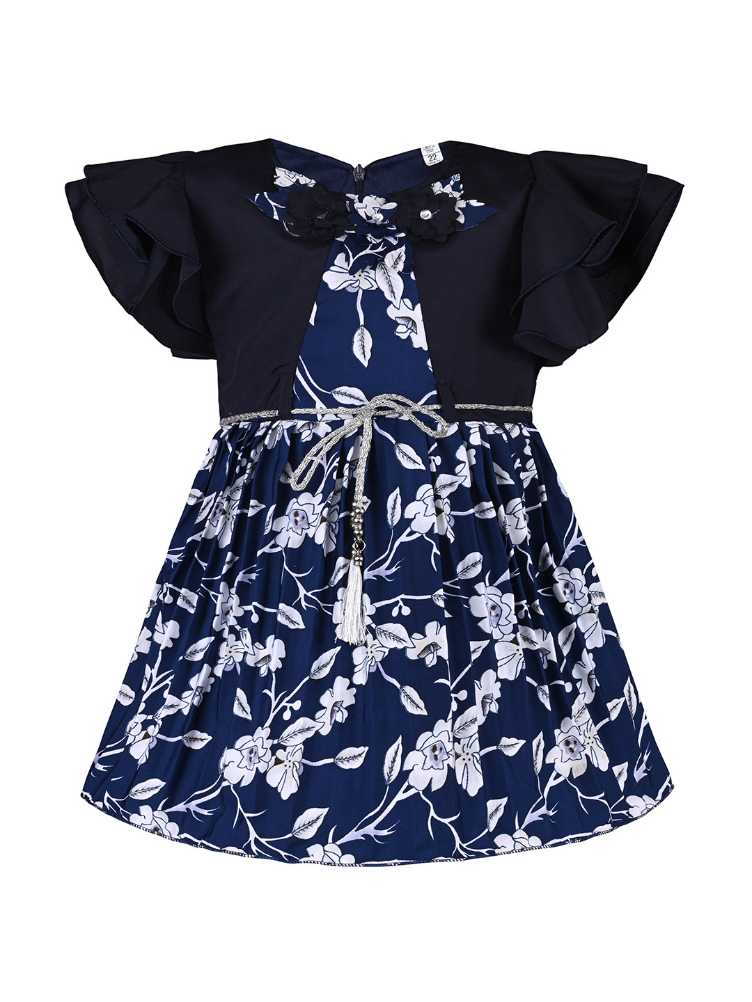 

Wish Karo Girls Floral Printed Round Neck Flutter Sleeves Fit & Flare Dress, Navy blue
