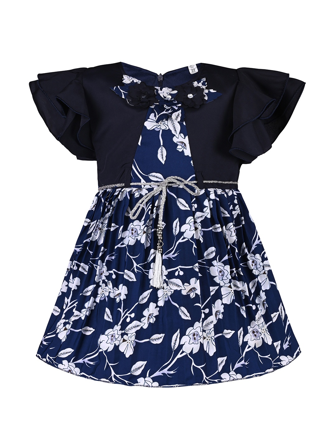 

Wish Karo Girls Floral Printed Flutter Sleeve Pleated Satin Fit & Flare Dress, Navy blue