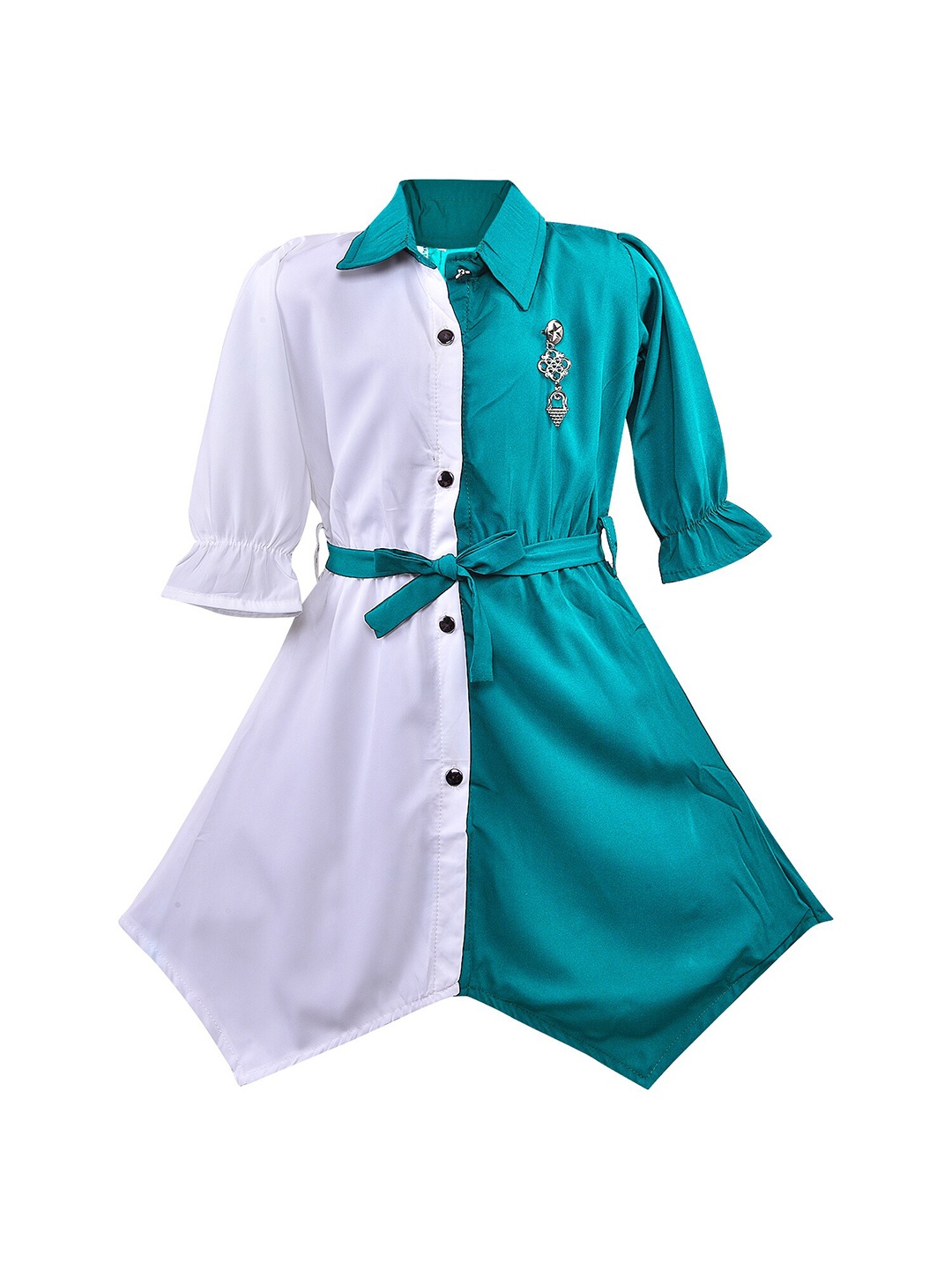 

Wish Karo Girls Colourblocked Shirt Collar Bell Sleeves Shirt Dress, Sea green