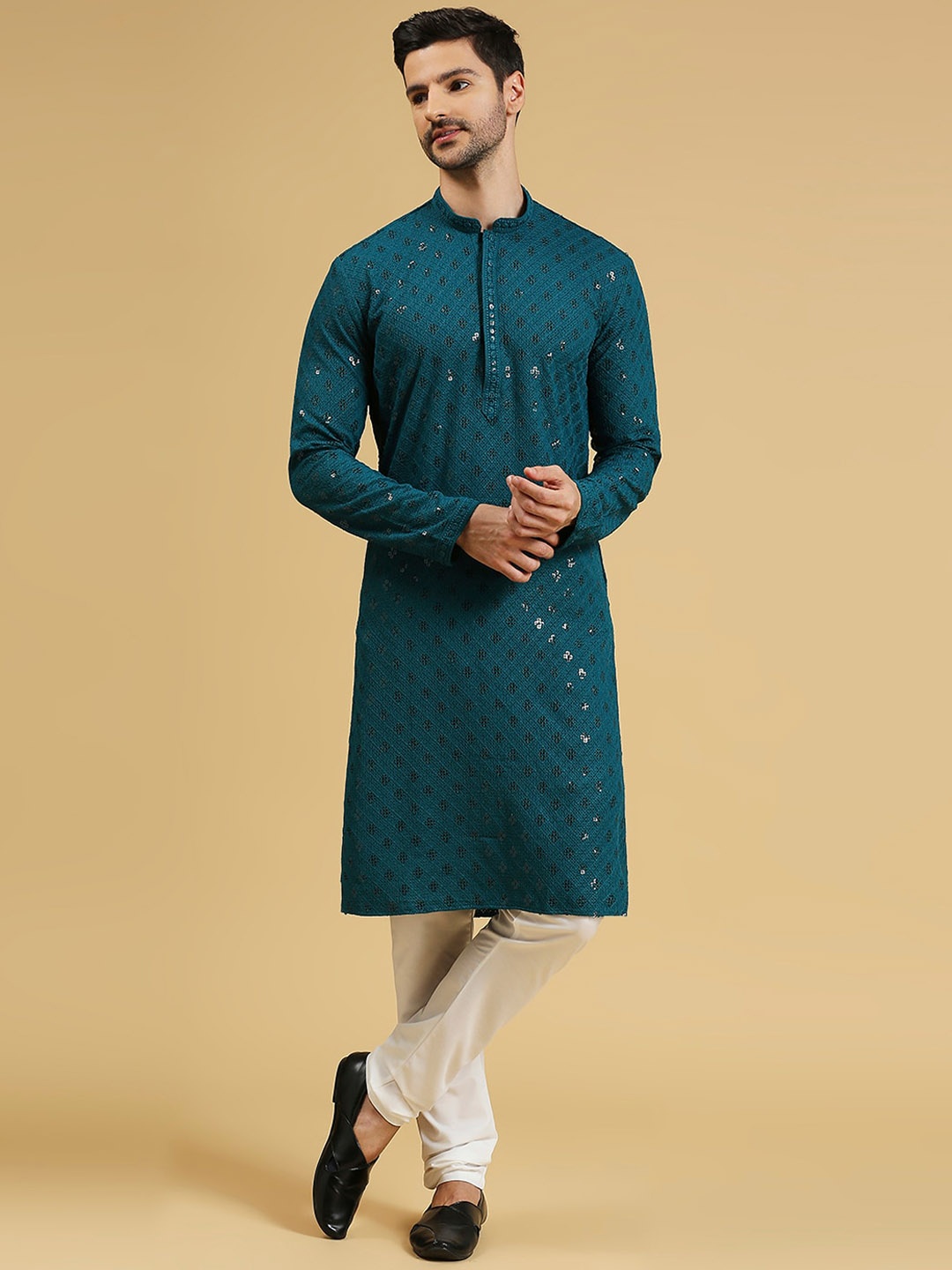 

RAJUBHAI HARGOVINDAS Geometric Embroidered Chikankari Sequined Straight Kurta, Teal