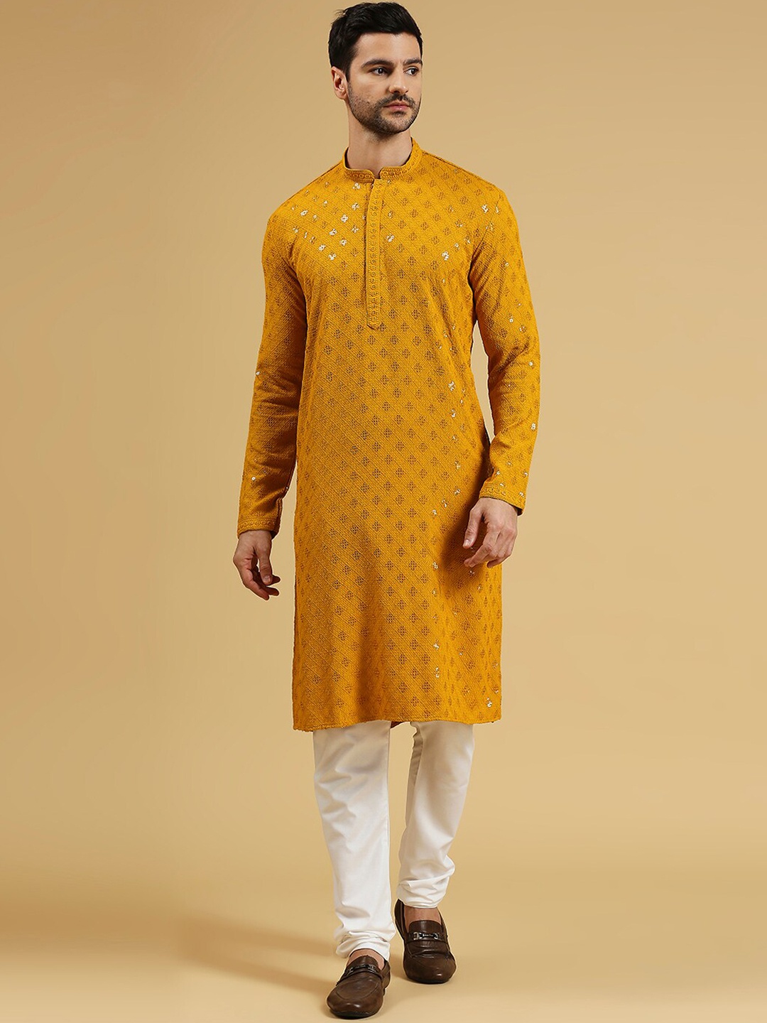 

RAJUBHAI HARGOVINDAS Geometric Embroidered Chikankari Sequinned Kurta, Mustard