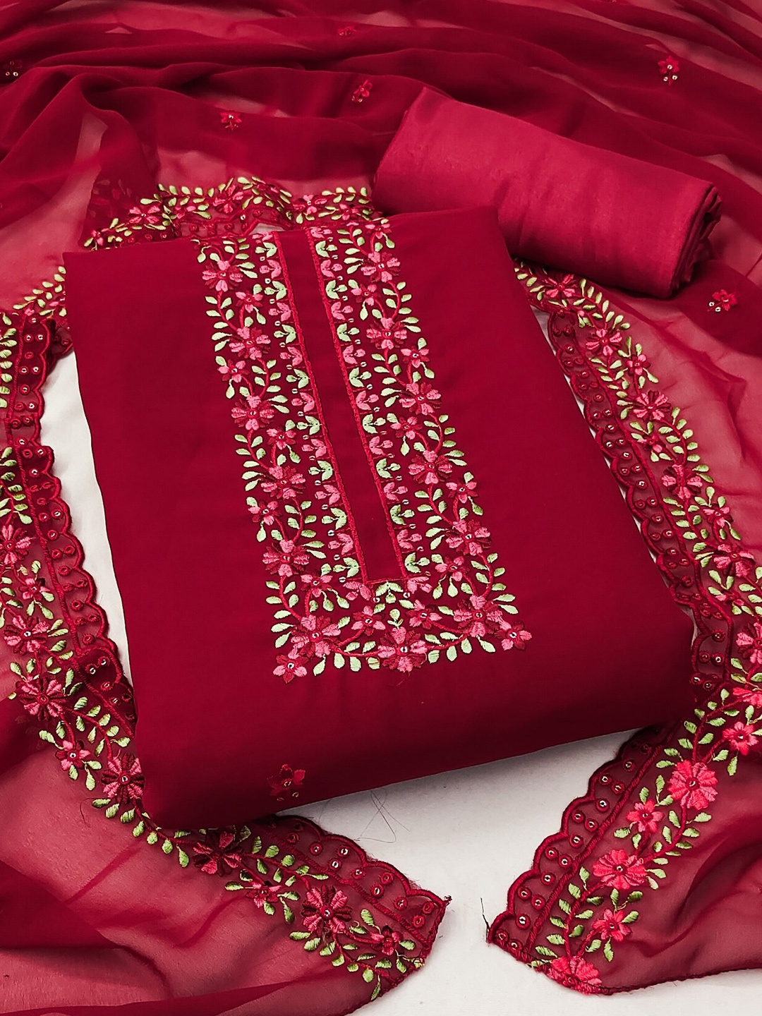 

LeeliPeeri Designer Floral Embroidered Unstitched Dress Material, Red