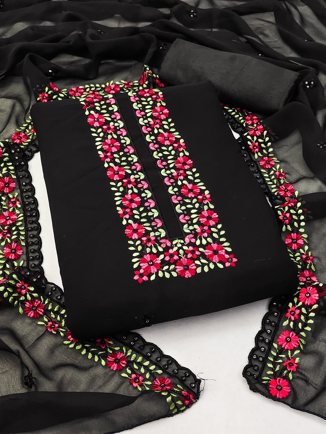 

LeeliPeeri Designer Floral Embroidered Unstitched Dress Material, Black