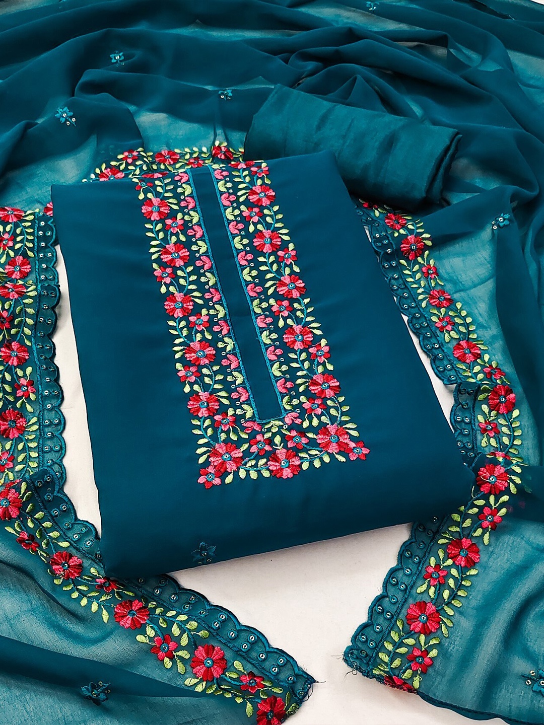 

LeeliPeeri Designer Embroidered Unstitched Dress Material, Teal