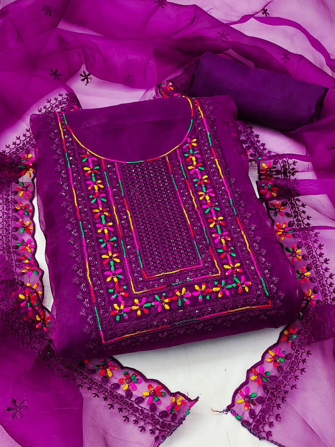 

LeeliPeeri Designer Ethnic Motifs Embroidered Organza Unstitched Dress Material, Purple