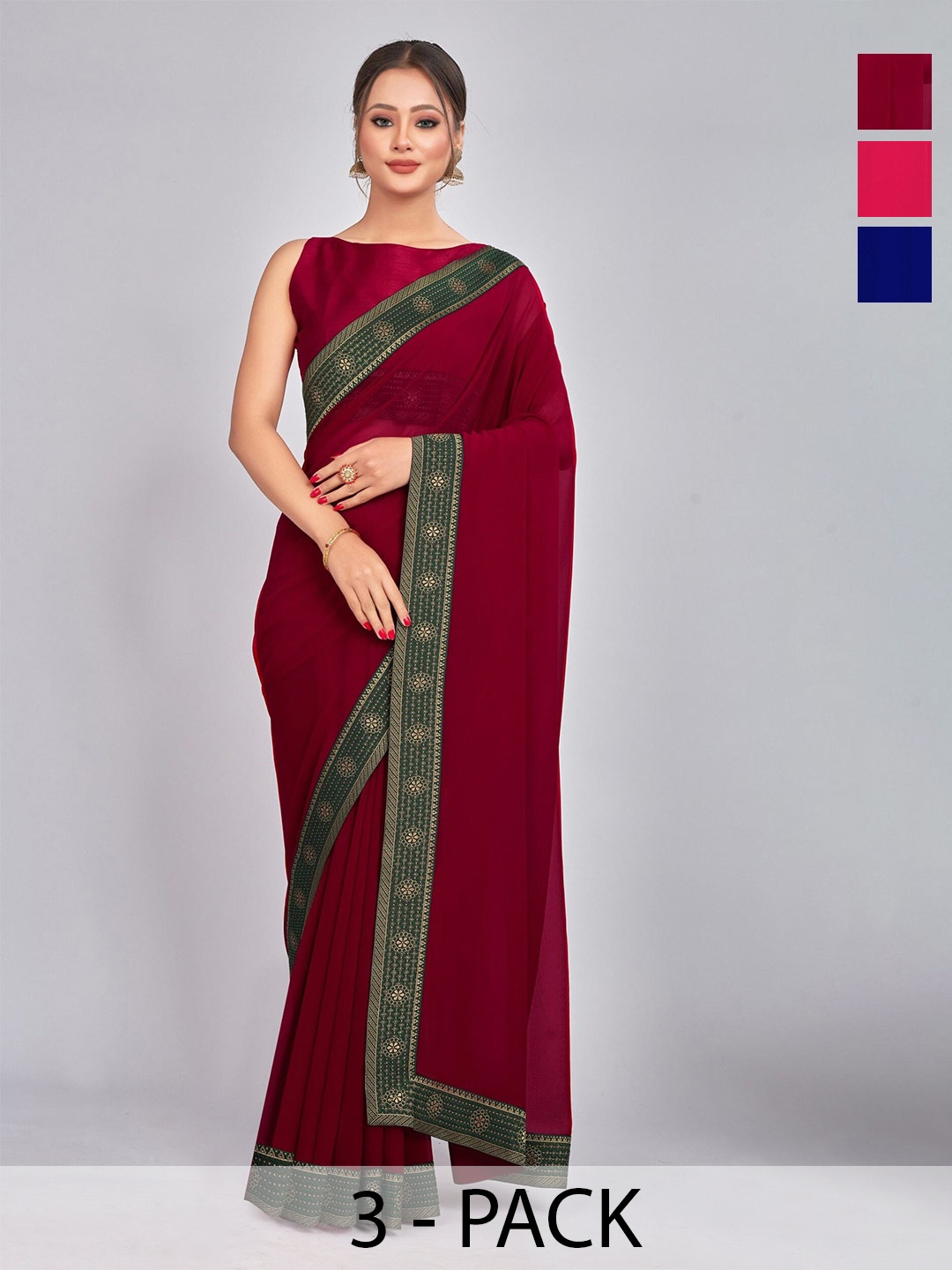 

CastilloFab Selection Of 3 Pure Georgette Saree, Maroon