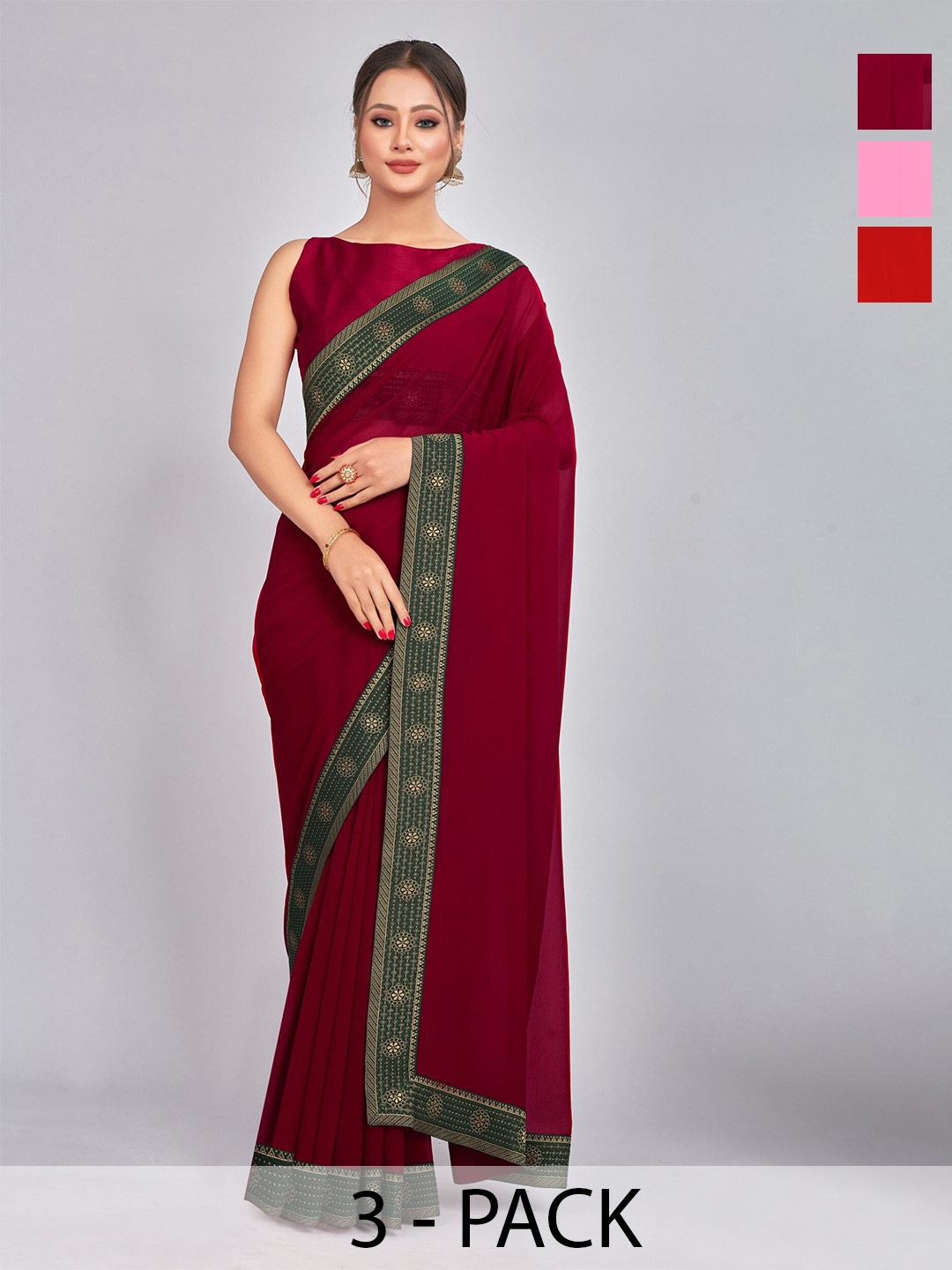 

CastilloFab Selection Of 3 Pure Georgette Sarees, Maroon