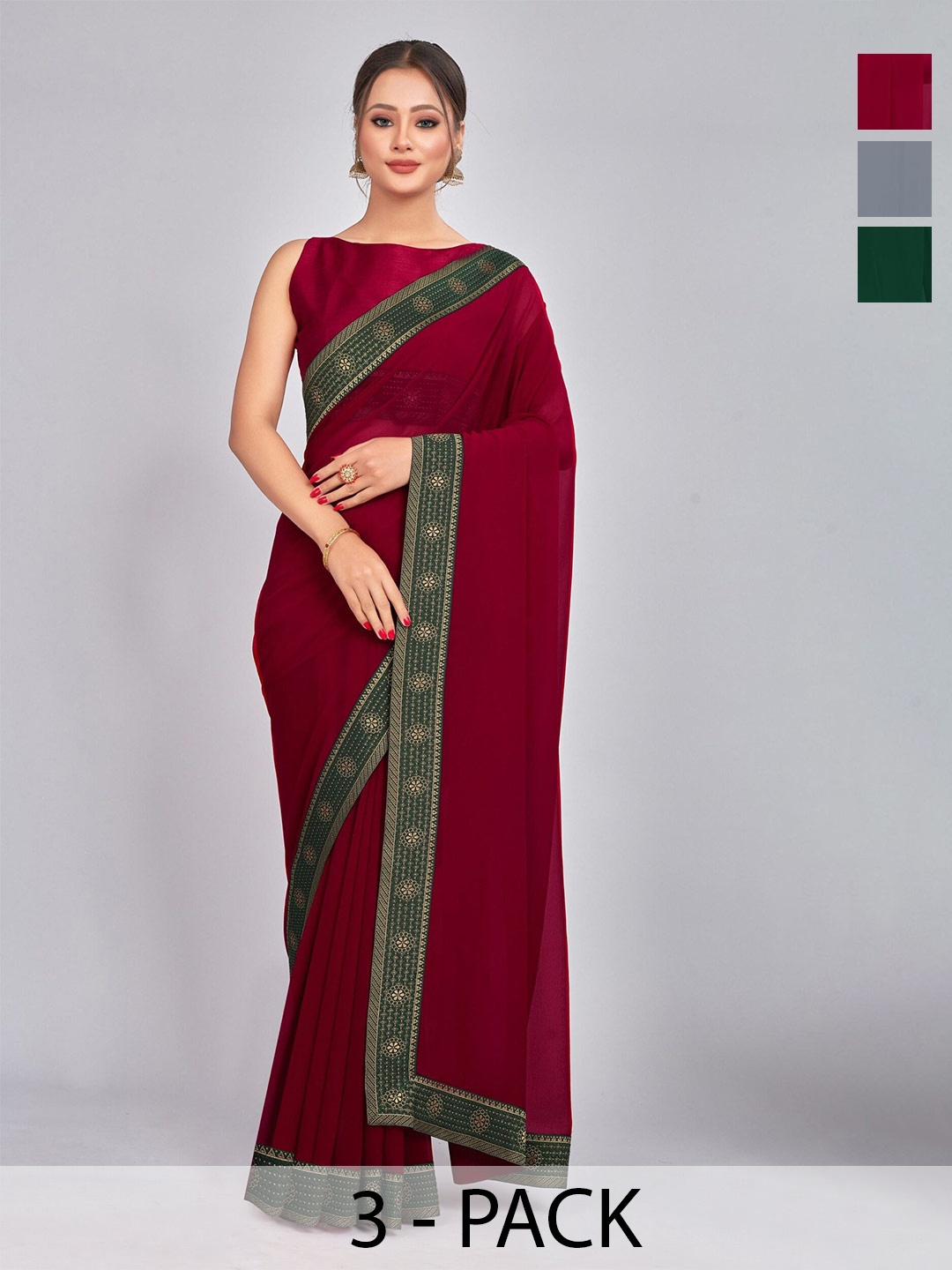 

CastilloFab Selection Of 3 Pure Georgette Saree, Maroon