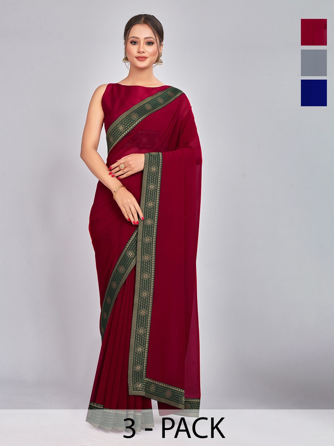 

CastilloFab Selection Of 3 Pure Georgette Sarees, Maroon