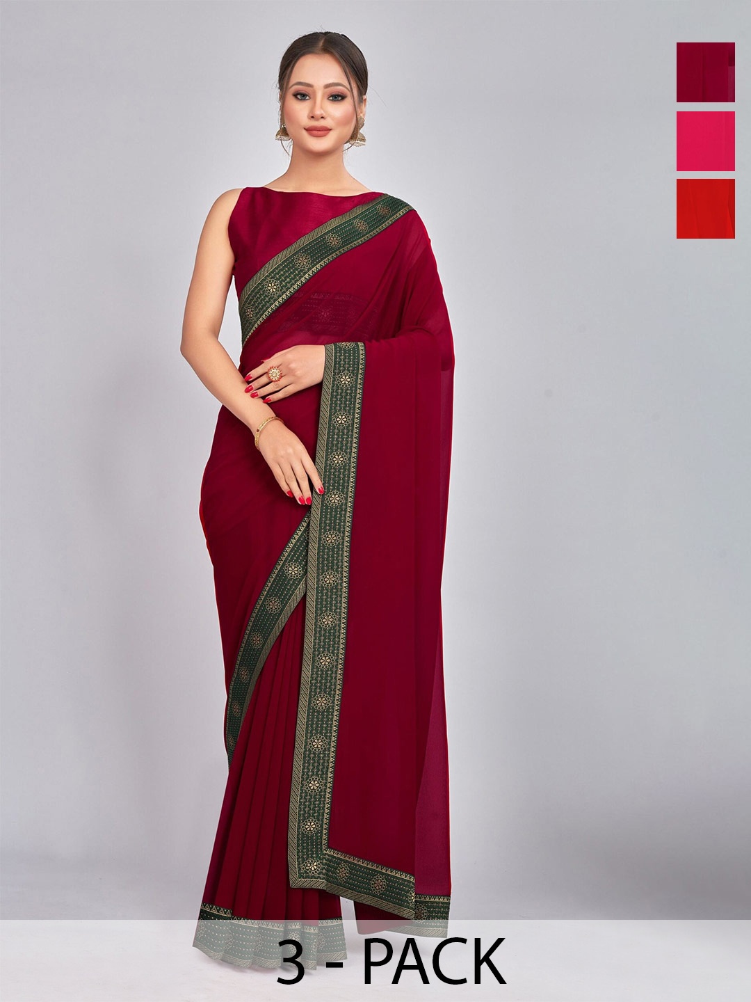 

CastilloFab Selection Of 3 Pure Georgette Sarees, Maroon