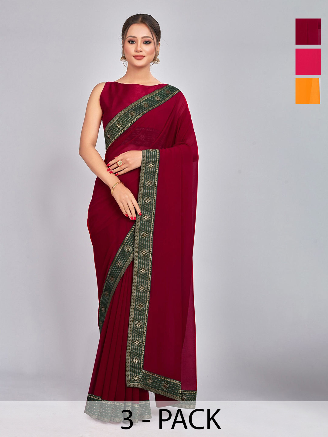 

CastilloFab Selection Of 3 Saree With Woven Design Border, Maroon