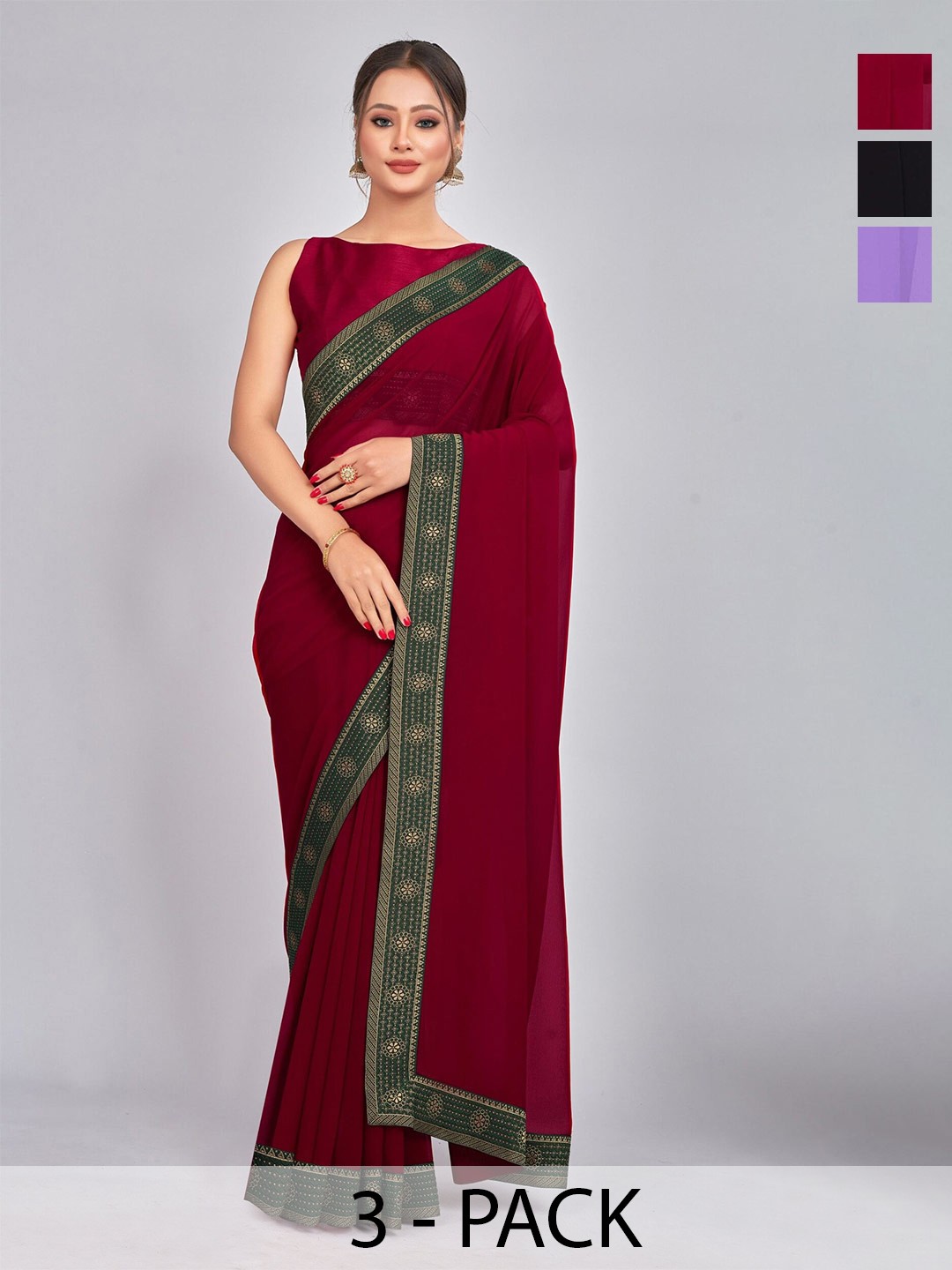 

CastilloFab Selection Of 3 Pure Georgette Sarees, Maroon