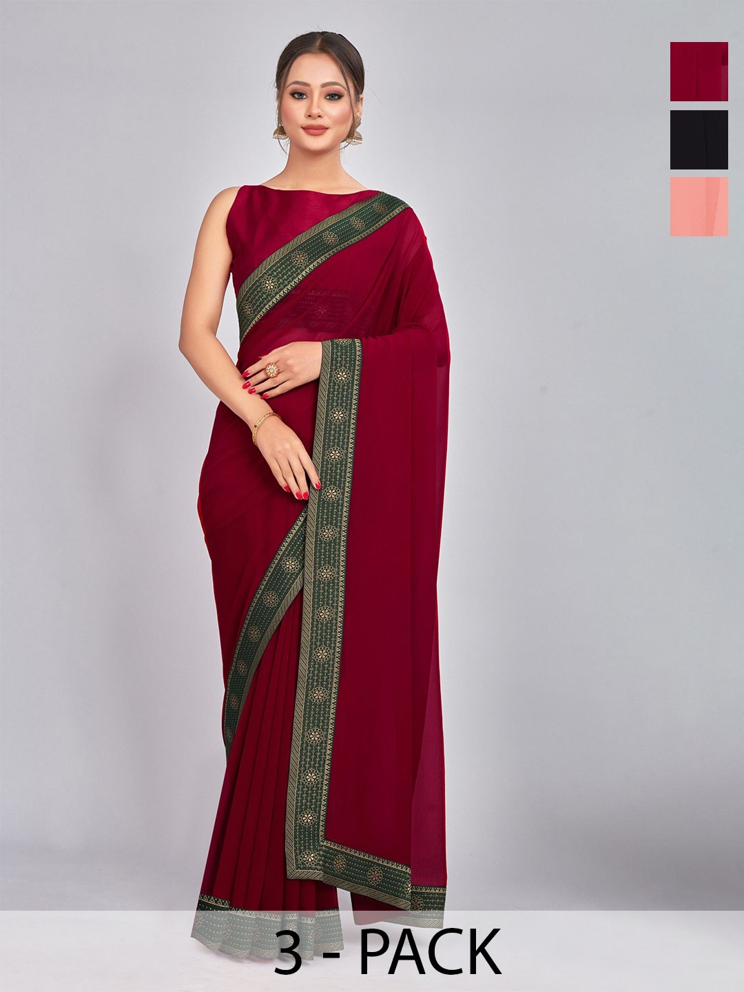 

CastilloFab Selection Of 3 Woven Design Pure Georgette Saree, Maroon
