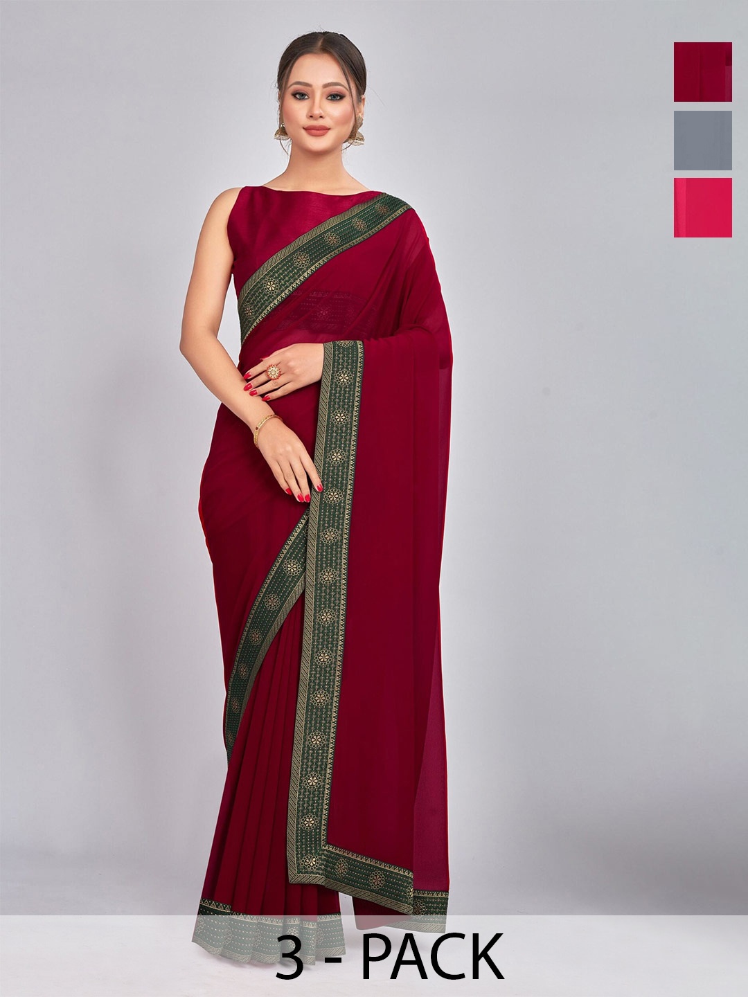 

CastilloFab Seleciton of 3 Pure Georgette Sarees, Maroon