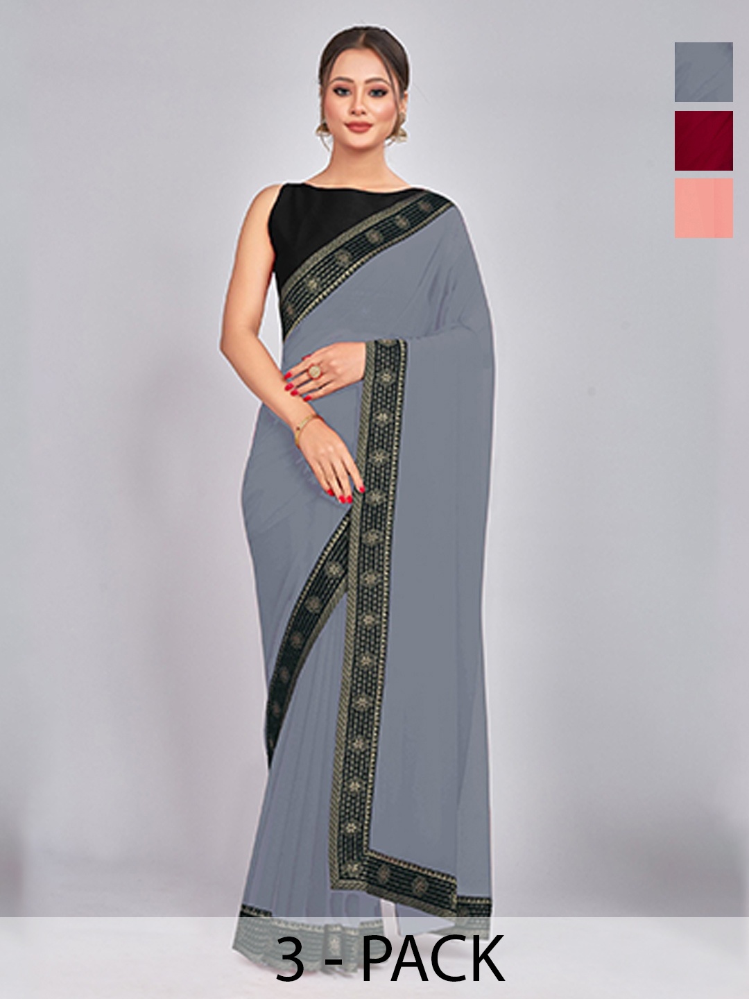 

CastilloFab Selection Of 3 Saree With Woven Design Border, Maroon