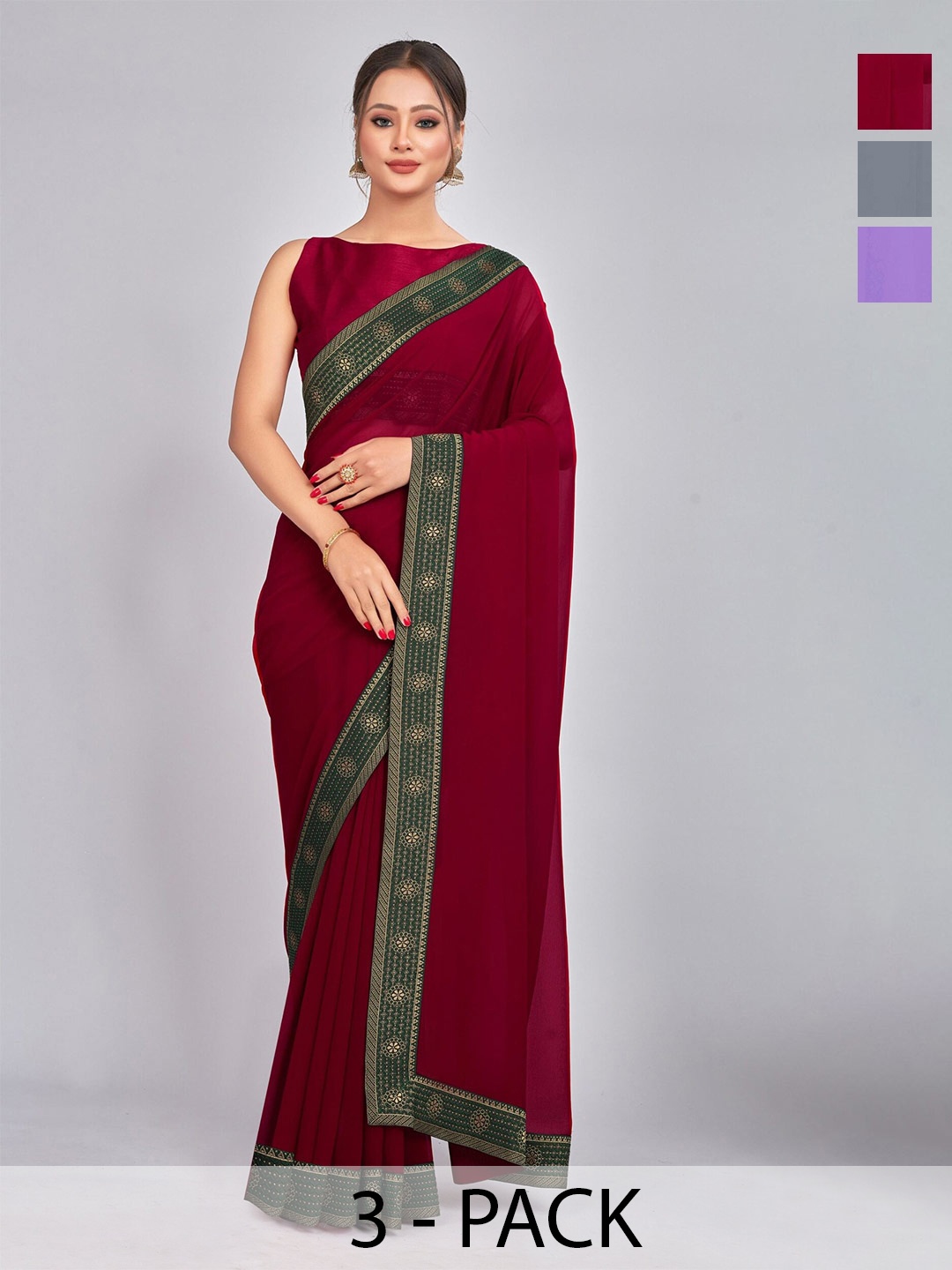 

CastilloFab Selection Of 3 Pure Georgette Saree, Maroon