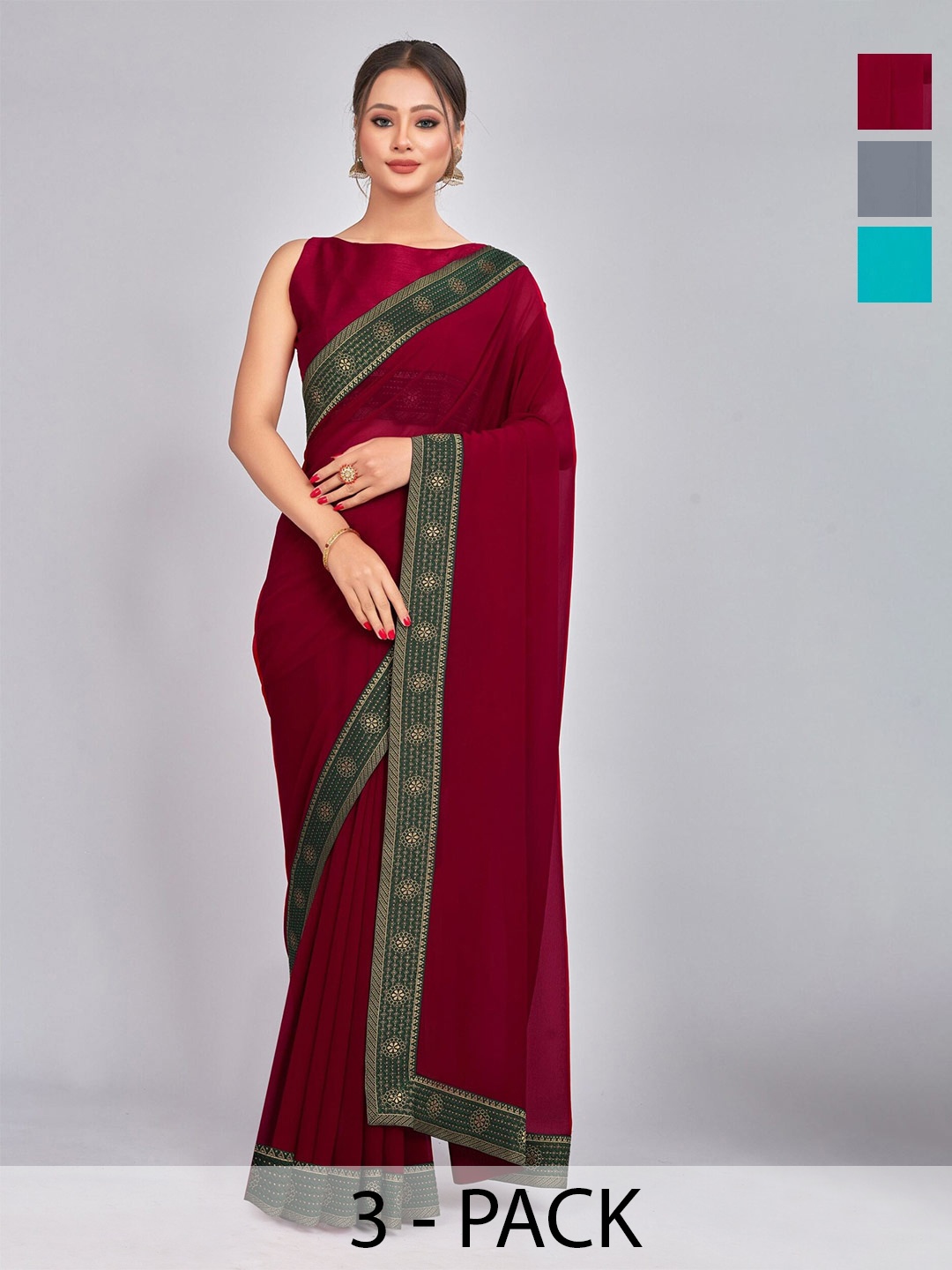 

CastilloFab Selection Of 3 Pure Georgette Saree, Maroon