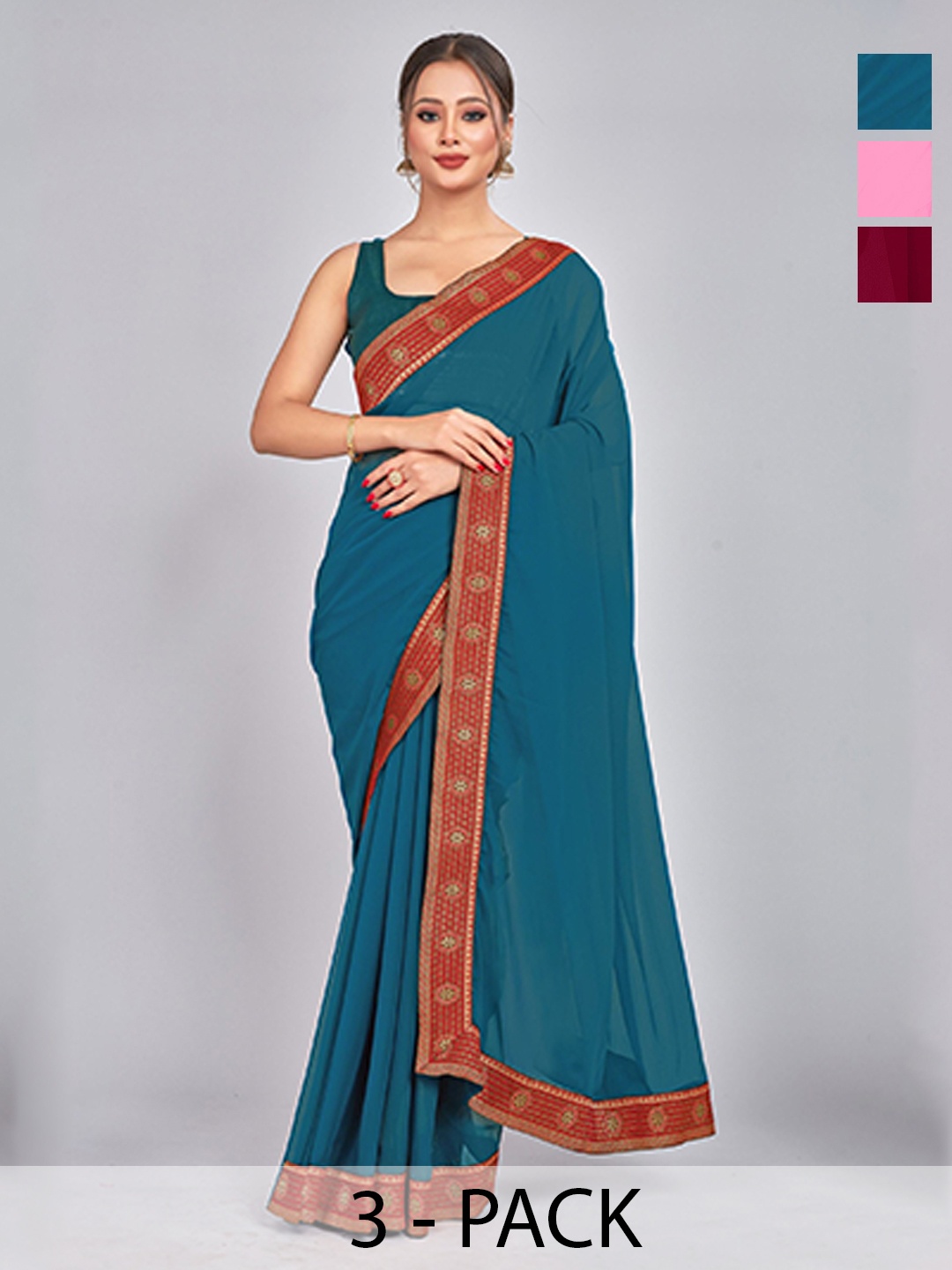 

CastilloFab Selection Of 3 Pure Georgette Sarees, Maroon