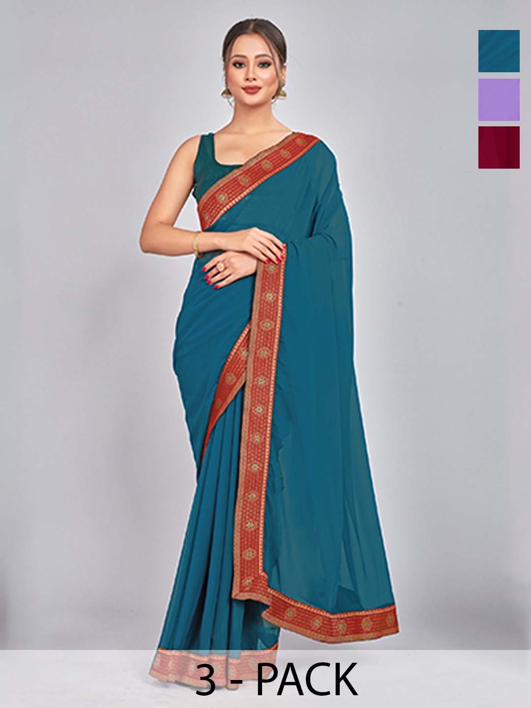 

CastilloFab Selection Of 3 Pure Georgette Sarees, Maroon