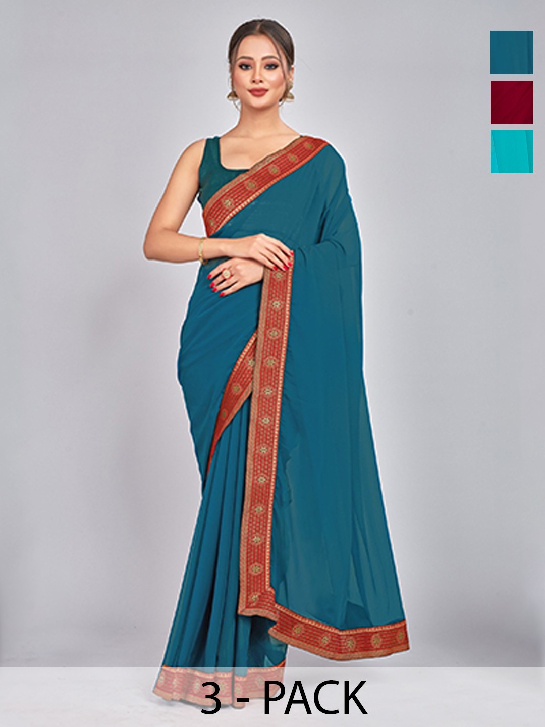 

CastilloFab Selection Of 3 Pure Georgette Saree, Maroon