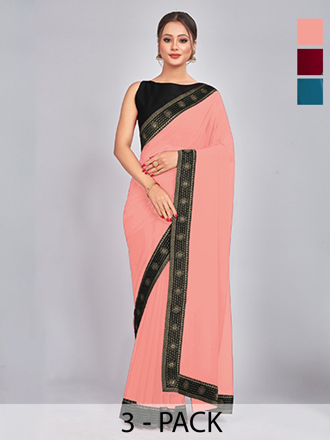 

CastilloFab Selection Of 3 Pure Georgette Sarees, Maroon