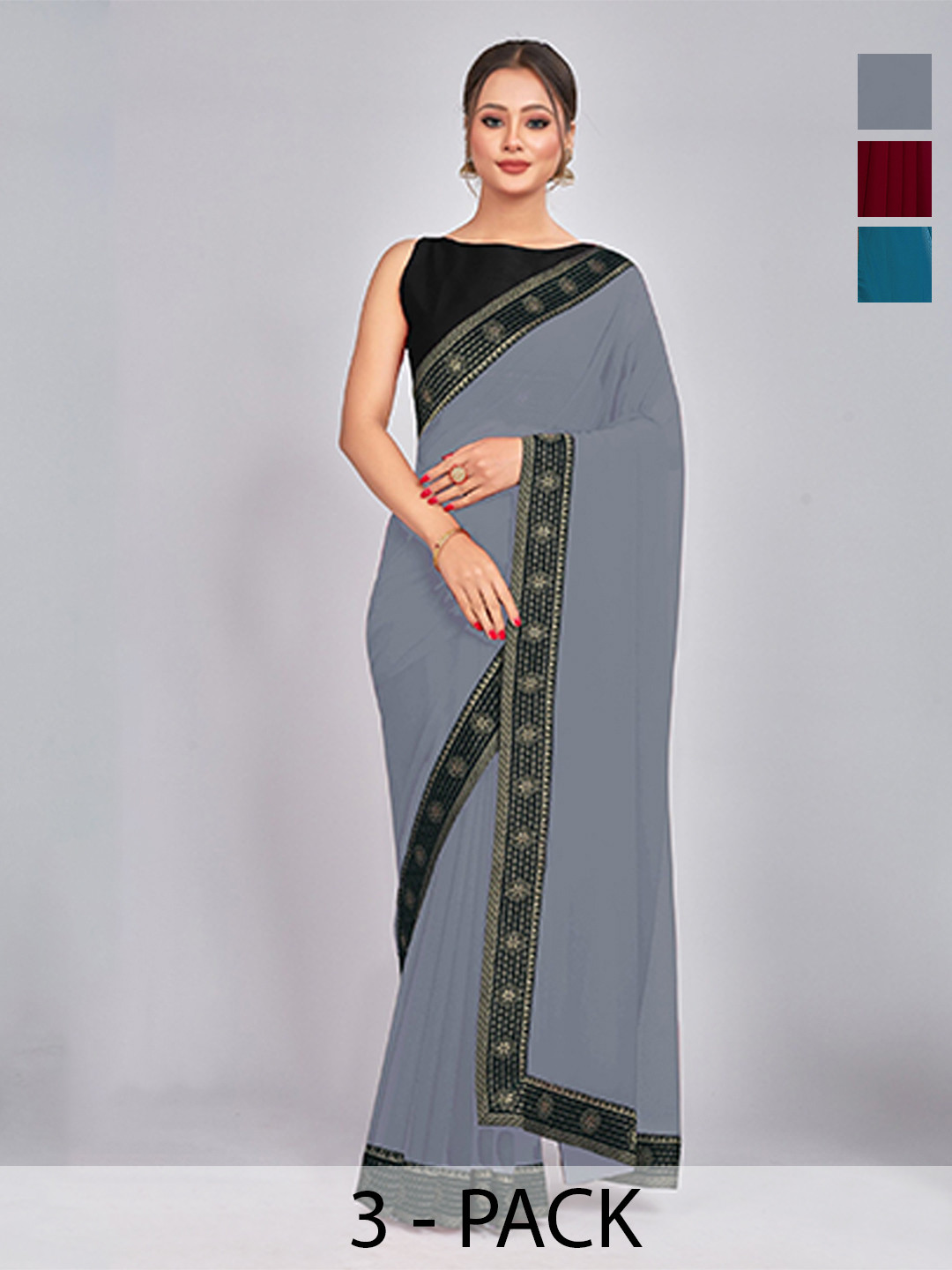 

CastilloFab Selection Of 3 Pure Georgette Sarees, Maroon