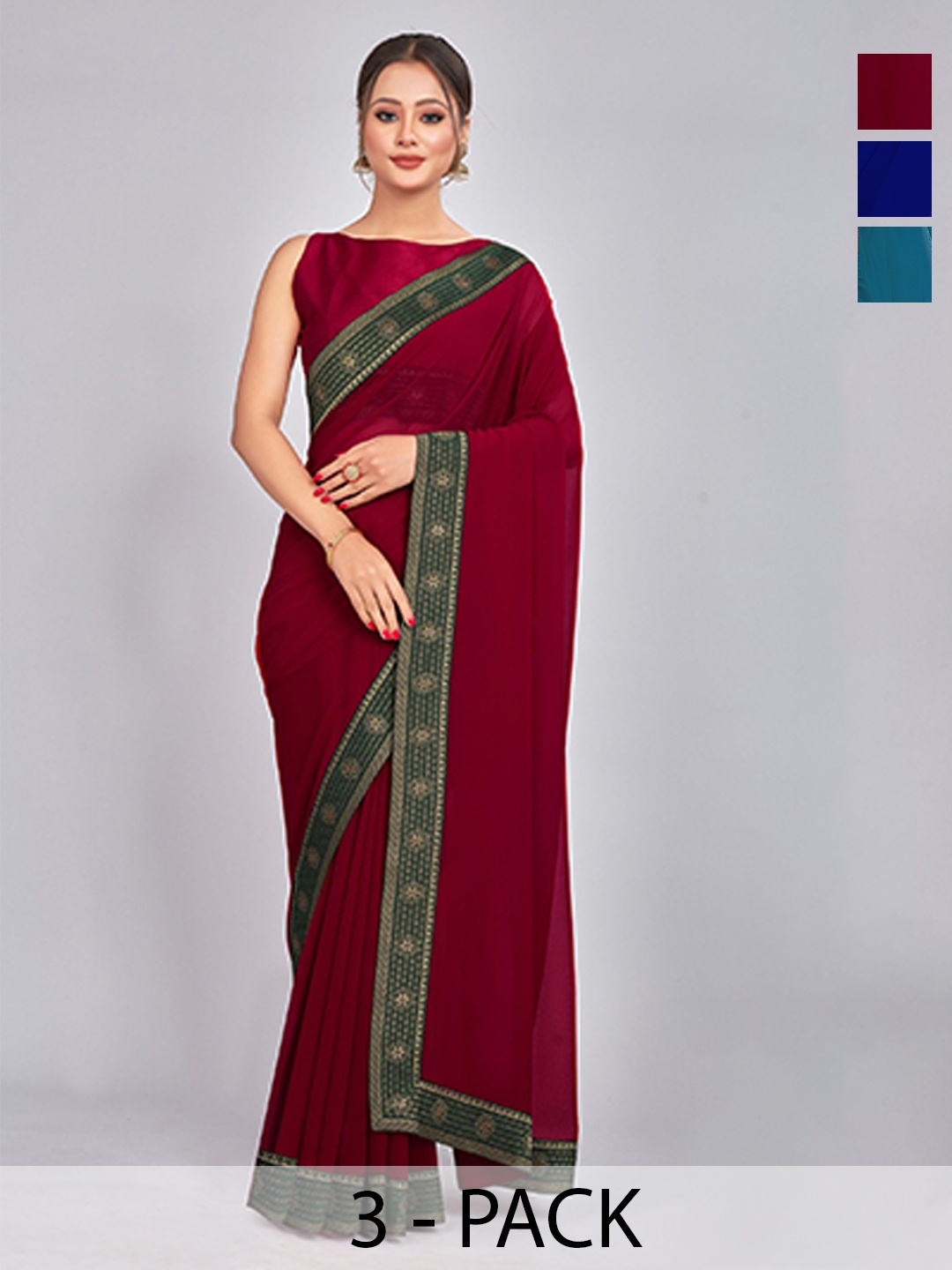 

CastilloFab Selection Of 3 Pure Georgette Sarees, Maroon