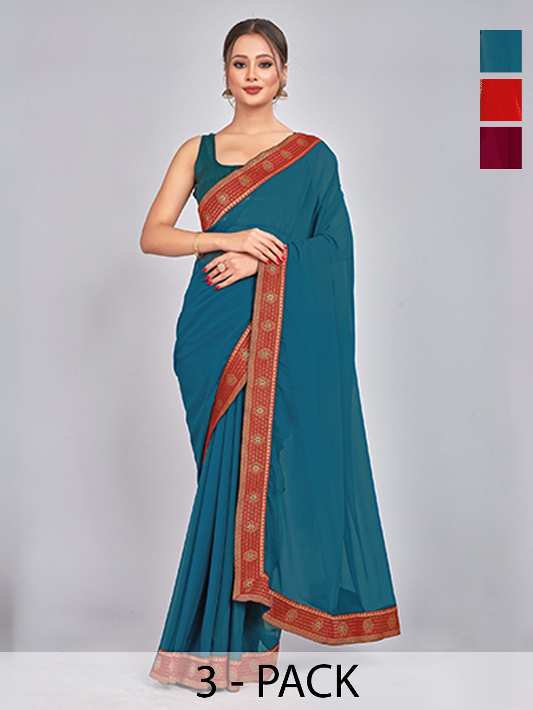 

CastilloFab Selection Of 3 Pure Georgette Saree, Maroon