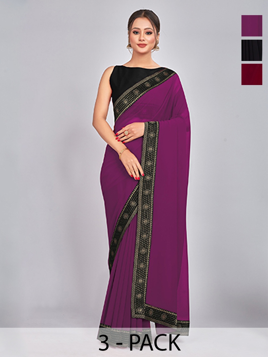 

CastilloFab Selection Of 3 Saree With Woven Design Border, Maroon