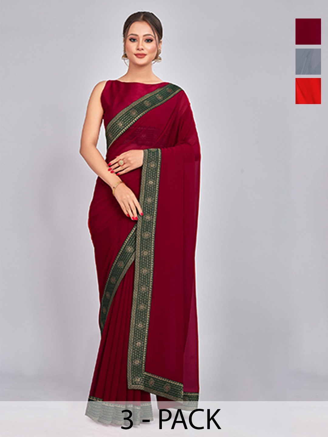 

CastilloFab Selection Of 3 Woven Design Pure Georgette Saree, Maroon