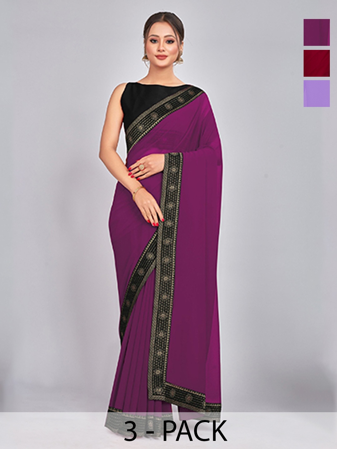 

CastilloFab Selection Of 3 Pure Georgette Saree, Maroon