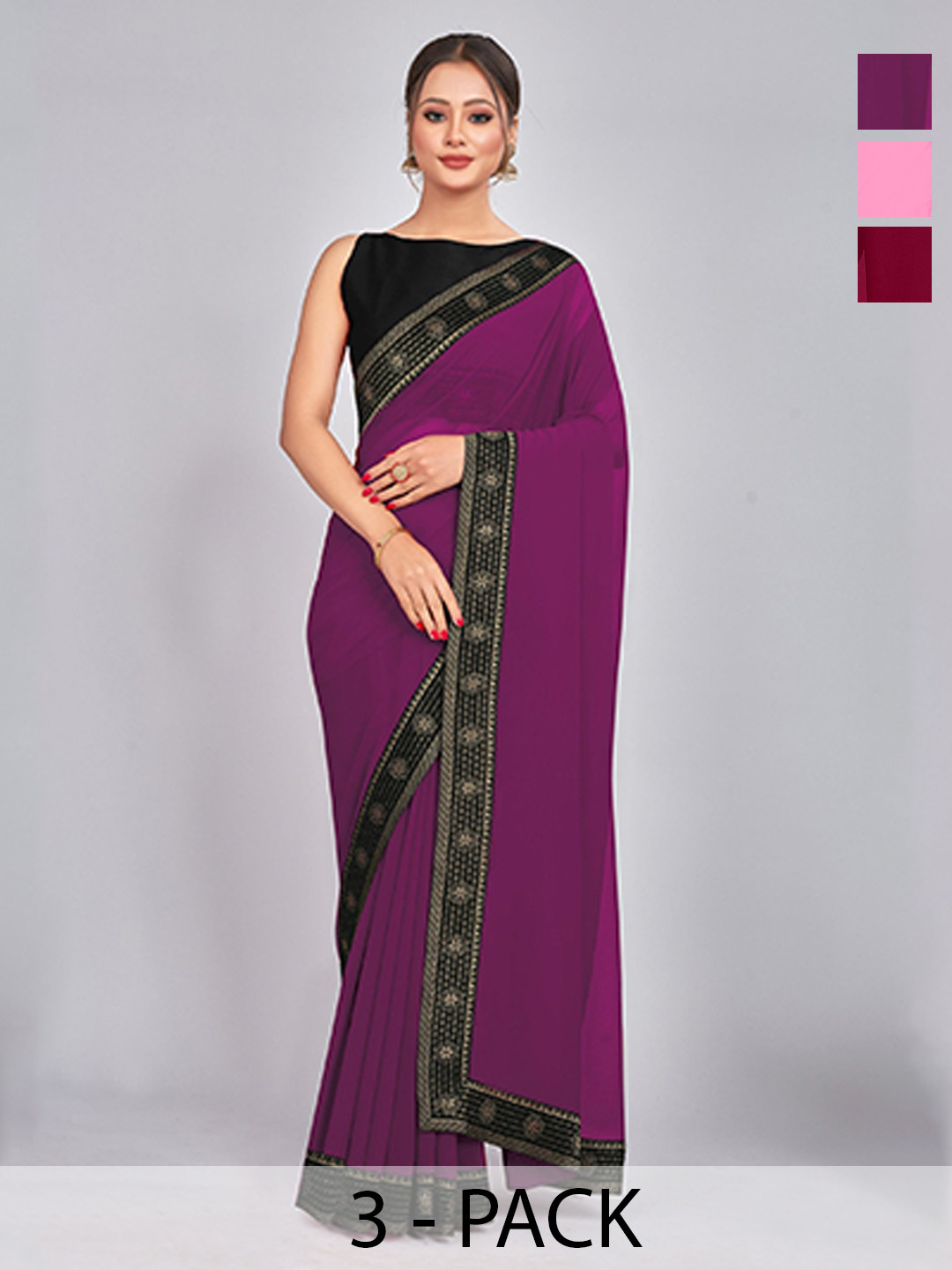 

CastilloFab Selection Of 3 Woven Design Pure Georgette Saree, Maroon
