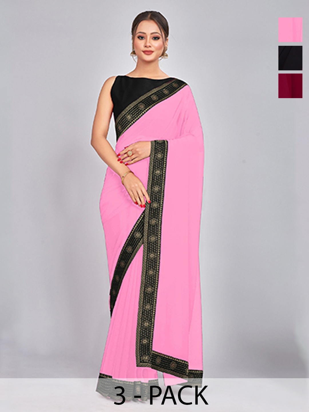 

CastilloFab Selection Of 3 Pure Georgette Sarees, Maroon
