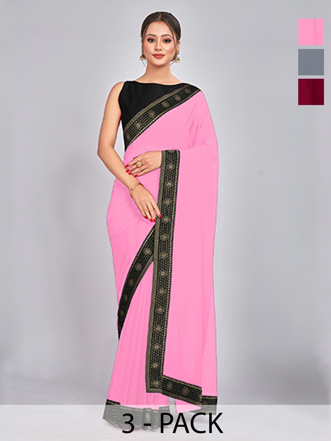 

CastilloFab Selection Of 3 Pure Georgette Sarees, Maroon