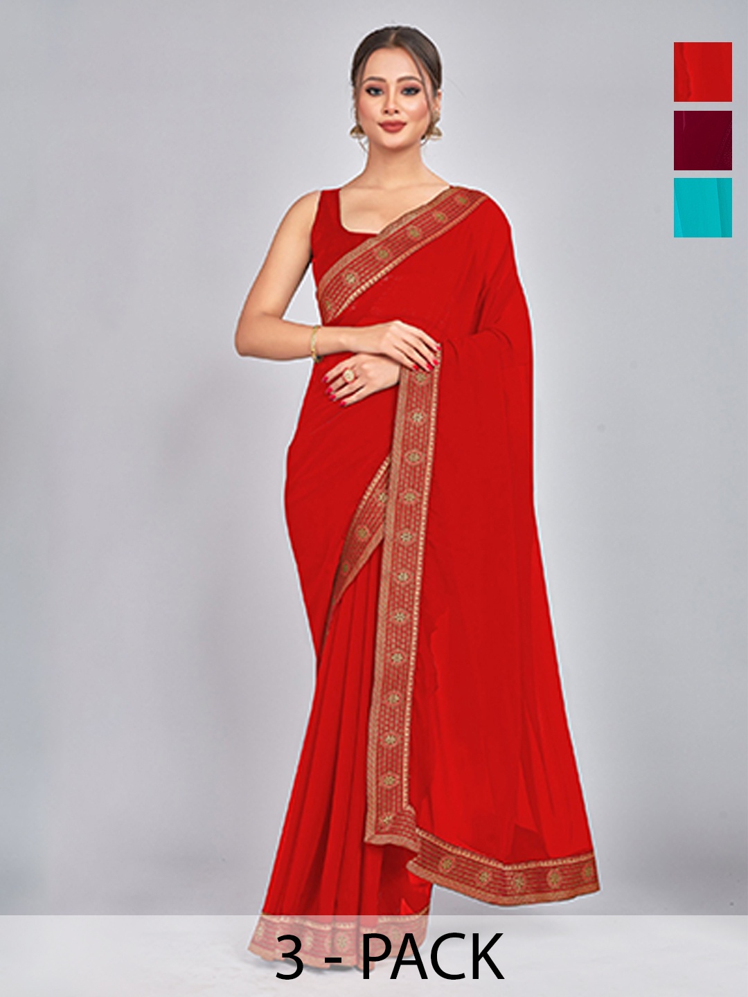 

CastilloFab Selection Of 3 Pure Georgette Saree, Maroon