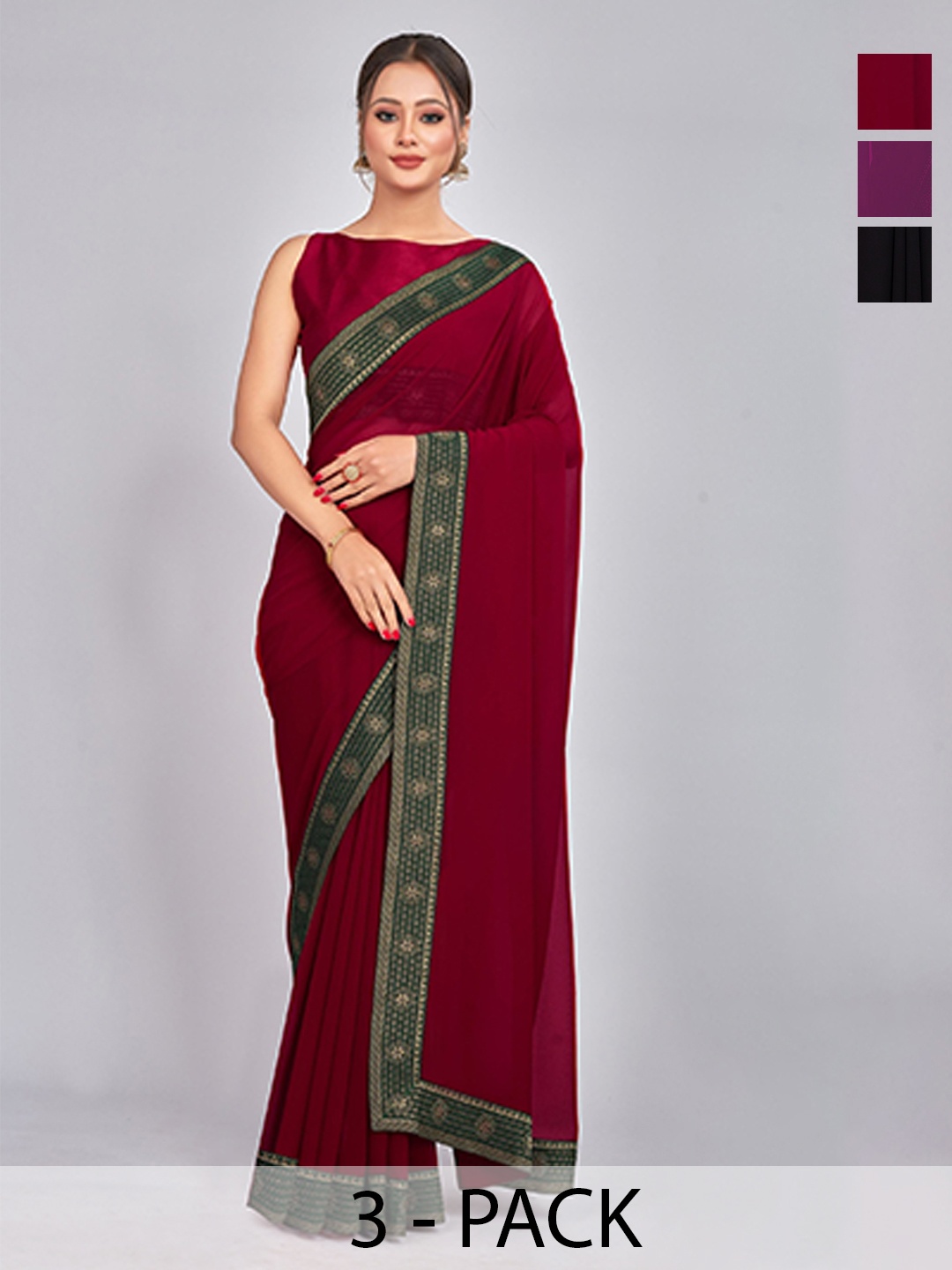 

CastilloFab Selection Of 3 Saree With Woven Design Border, Maroon