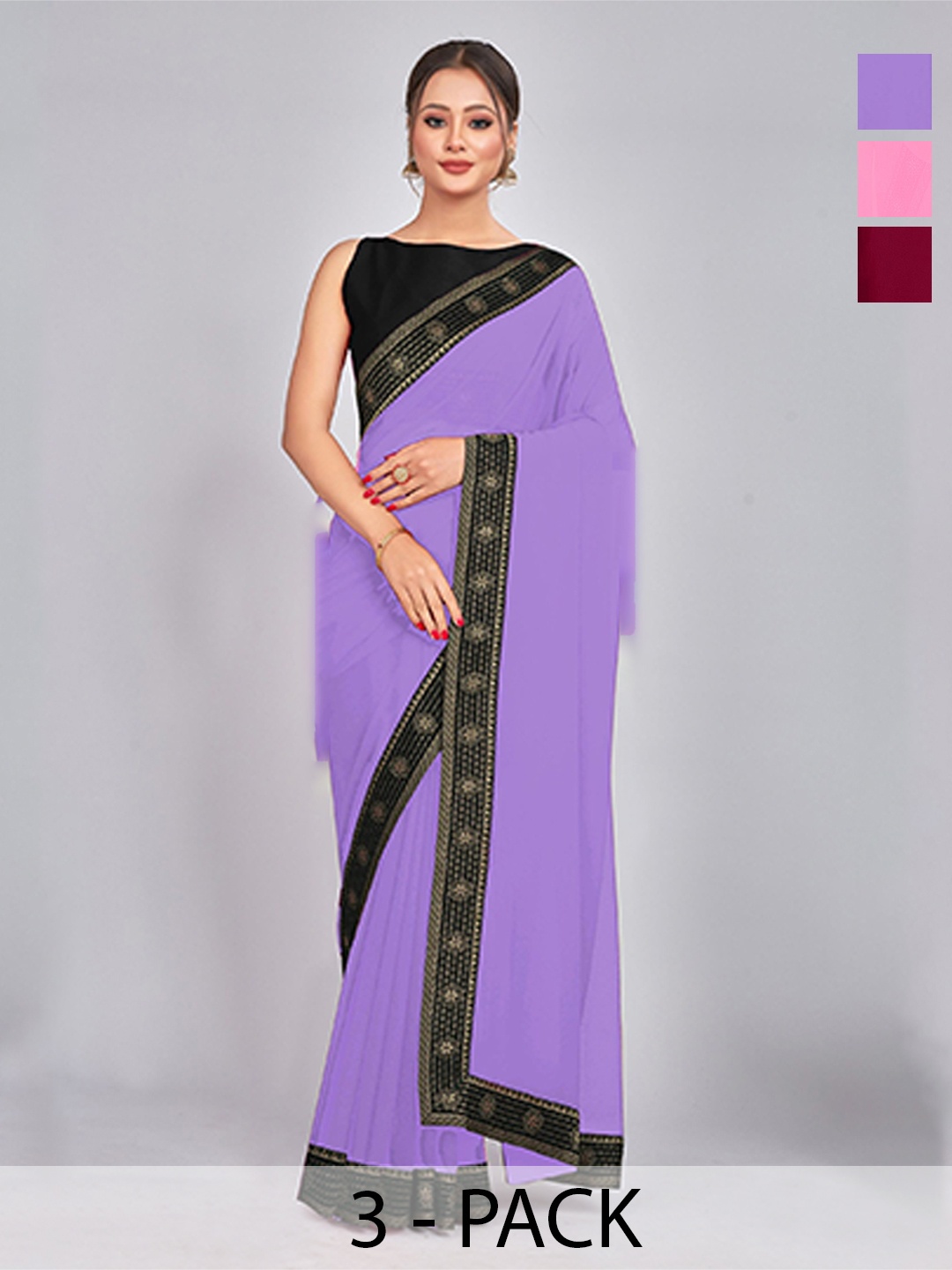 

CastilloFab Selection Of 3 Saree With Woven Design Border, Maroon